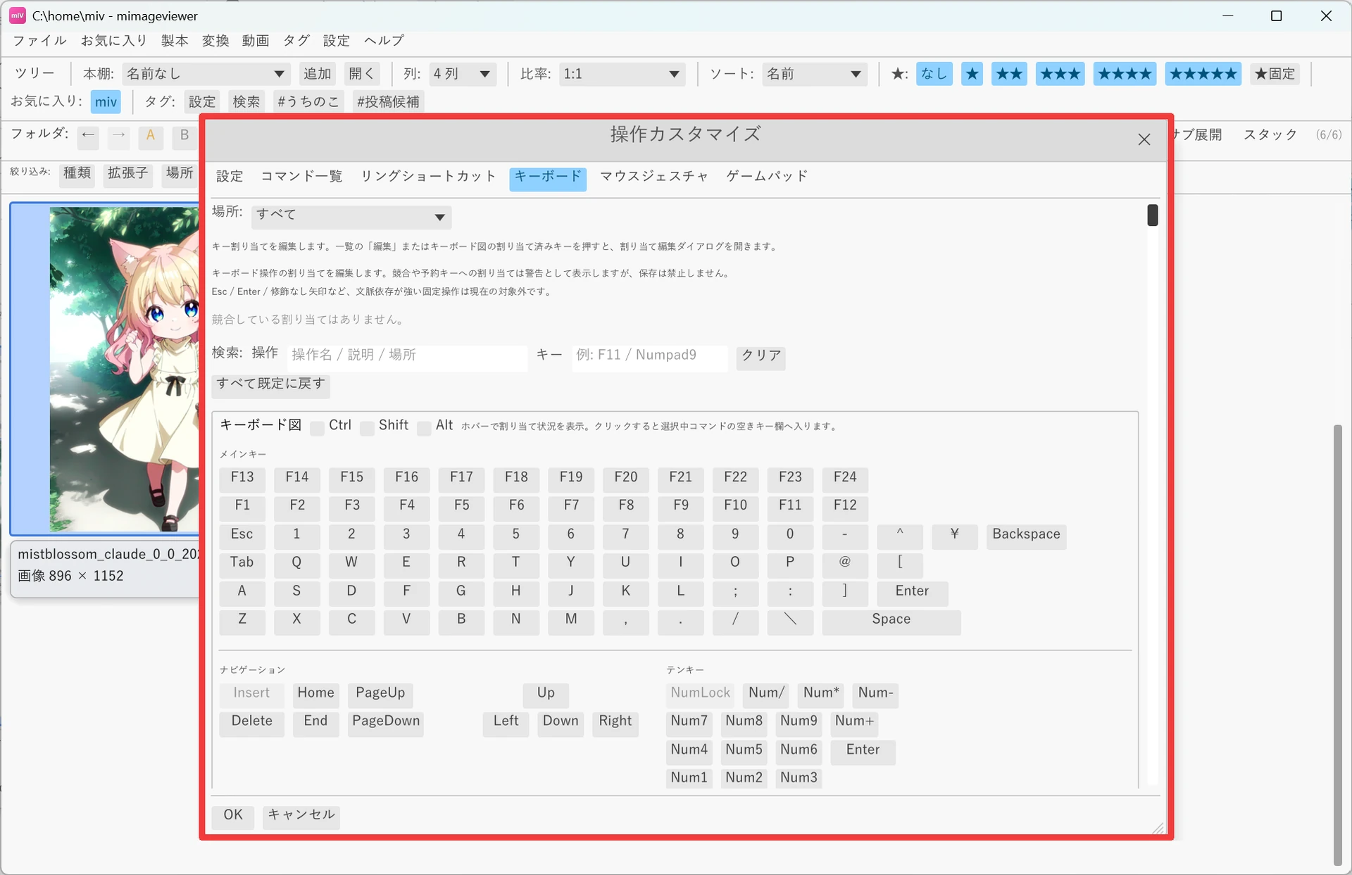 操作カスタマイズダイアログの「キーボード」タブ。場所の絞り込み、操作/キーの検索欄、Ctrl・Shift・Alt のチェック、F13〜F24 やメインキー・ナビゲーション・テンキーを並べた簡易キーボード図が表示されている